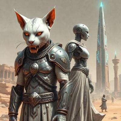 The primary subject of the image is a white cat with red eyes, wearing a suit of armor. The setting is a desert-like environment, with a tower in the background. The visual style is digital art, and the dominant colors are white and red. The overall atmosphere is dramatic and mysterious.